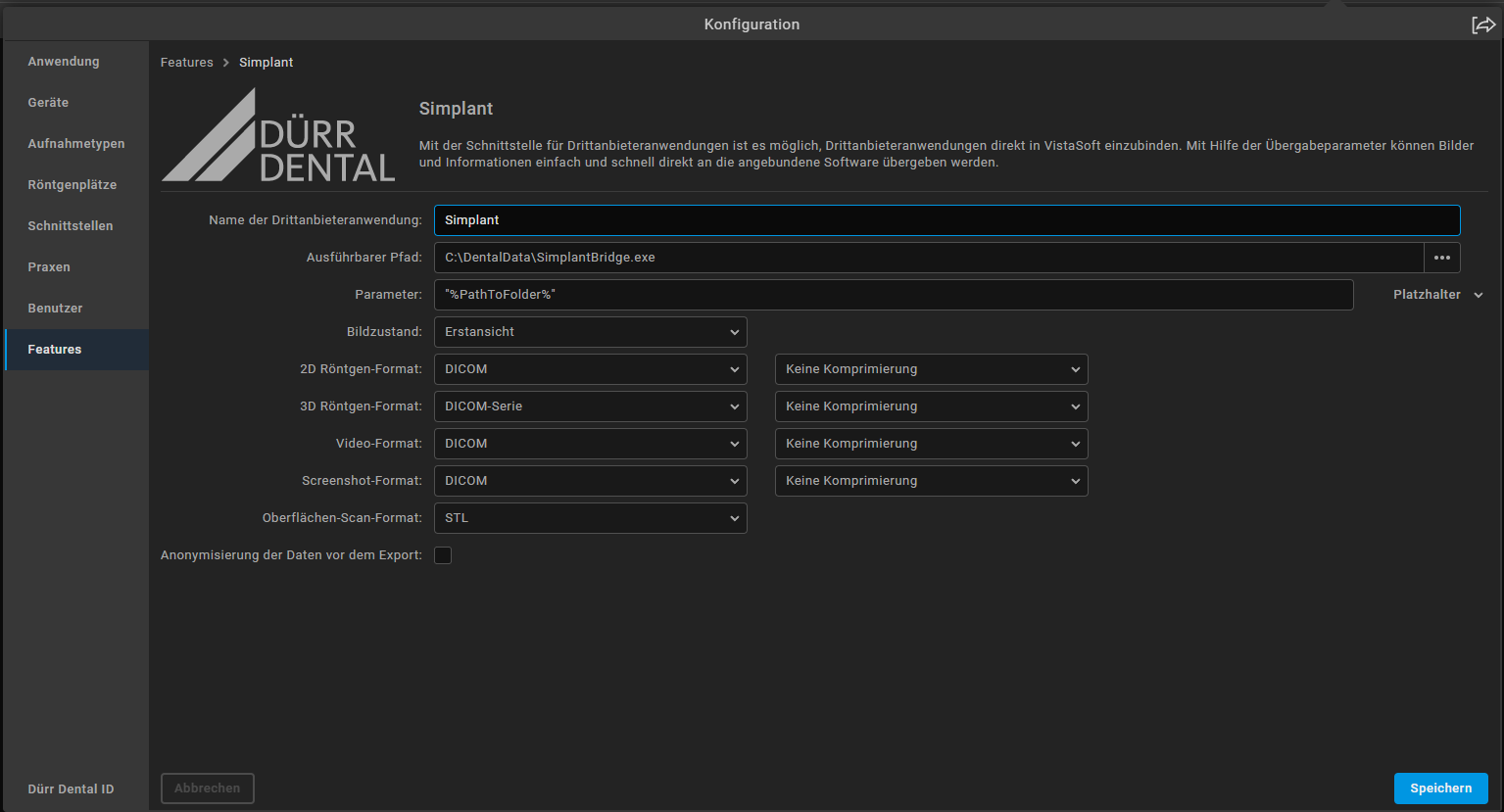 VistaSoft Drittanbieter-Konfiguration für SimplantBridge